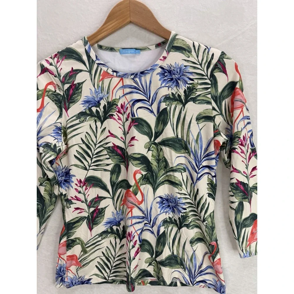J. McLaughlin Catalina Cloth Signature Flamingo Palms T-Shirt Size Medium